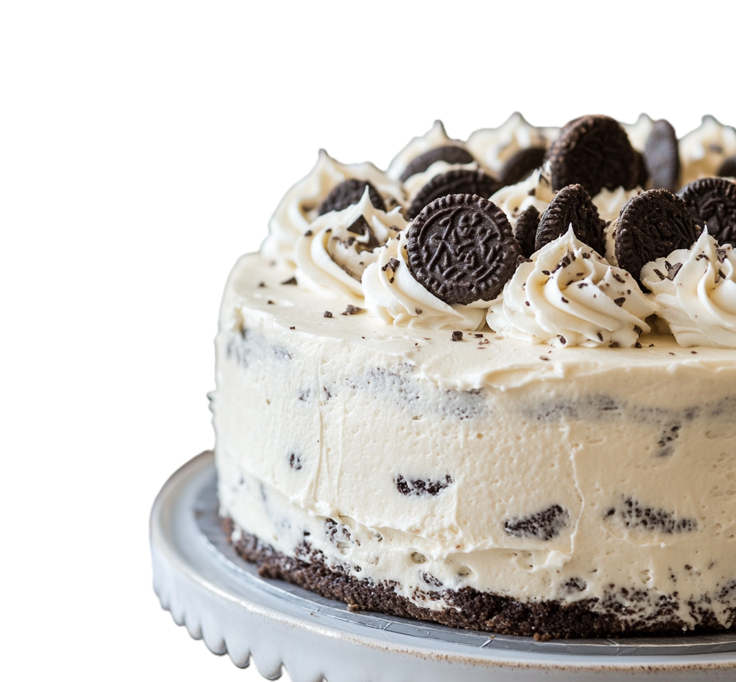 the whole frosted cookies and cream cake on a platter