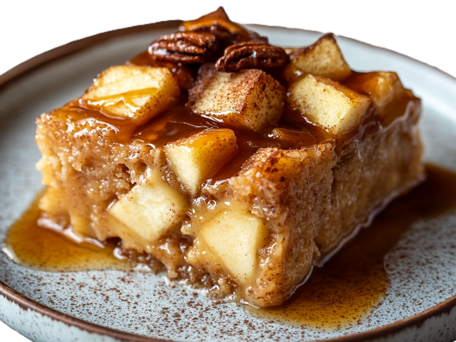Close-up of warm bread pudding with visible apple chunks and caramel sauce