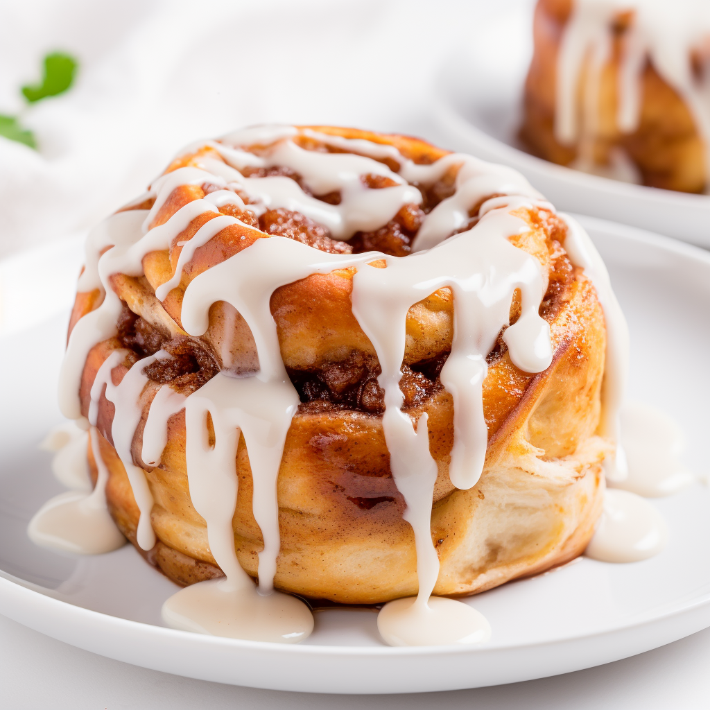 apple swirl breakfast buns topped with glossy brown butter maple frosting on a white plate