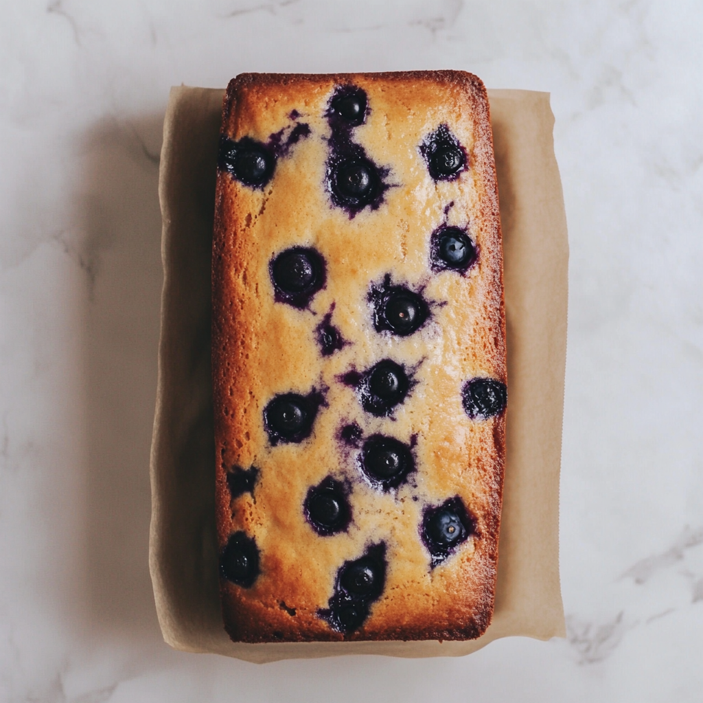 a loaf of wild blueberry lemon bread seen from above