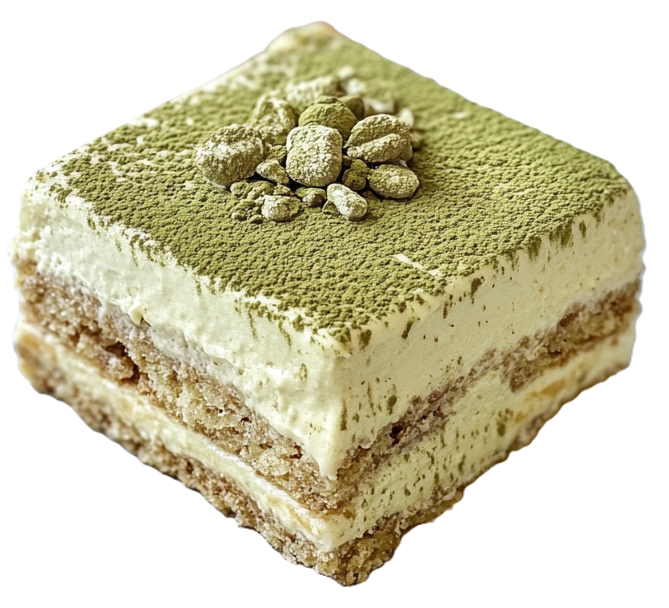 a close up of a piece of green matcha tea tiramisu cake