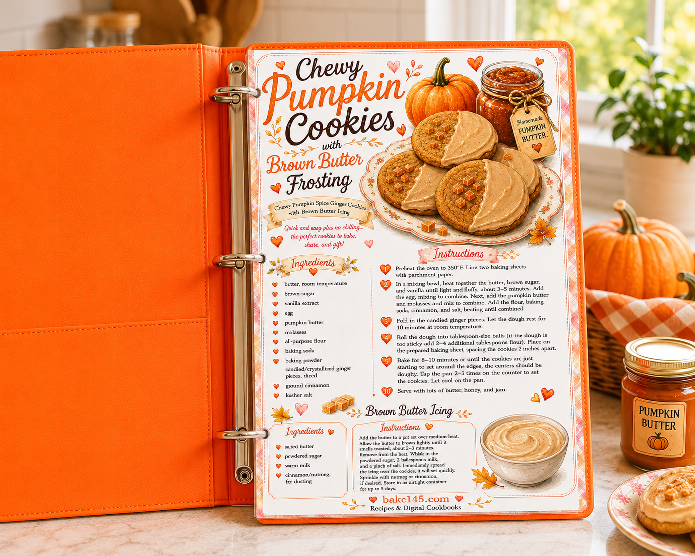 a picture of the pumpkin ginger cookies recipe in an orange recipe binder
