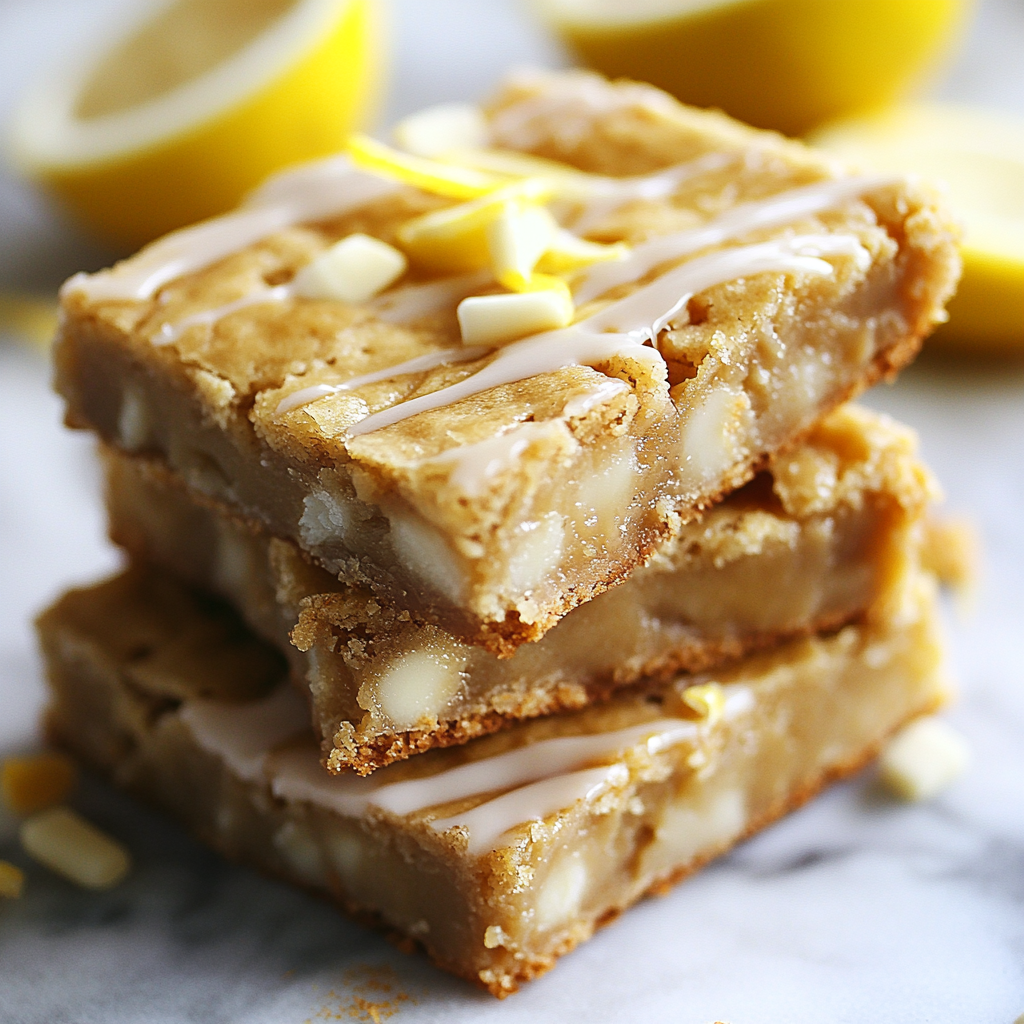 Side view of soft and chewy White Chocolate & Lemon Blondies with a golden, crackled top and gooey center.