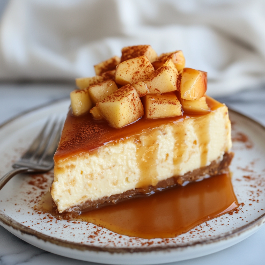 Slice of cheesecake on a plate topped with spiced apples and caramel sauce