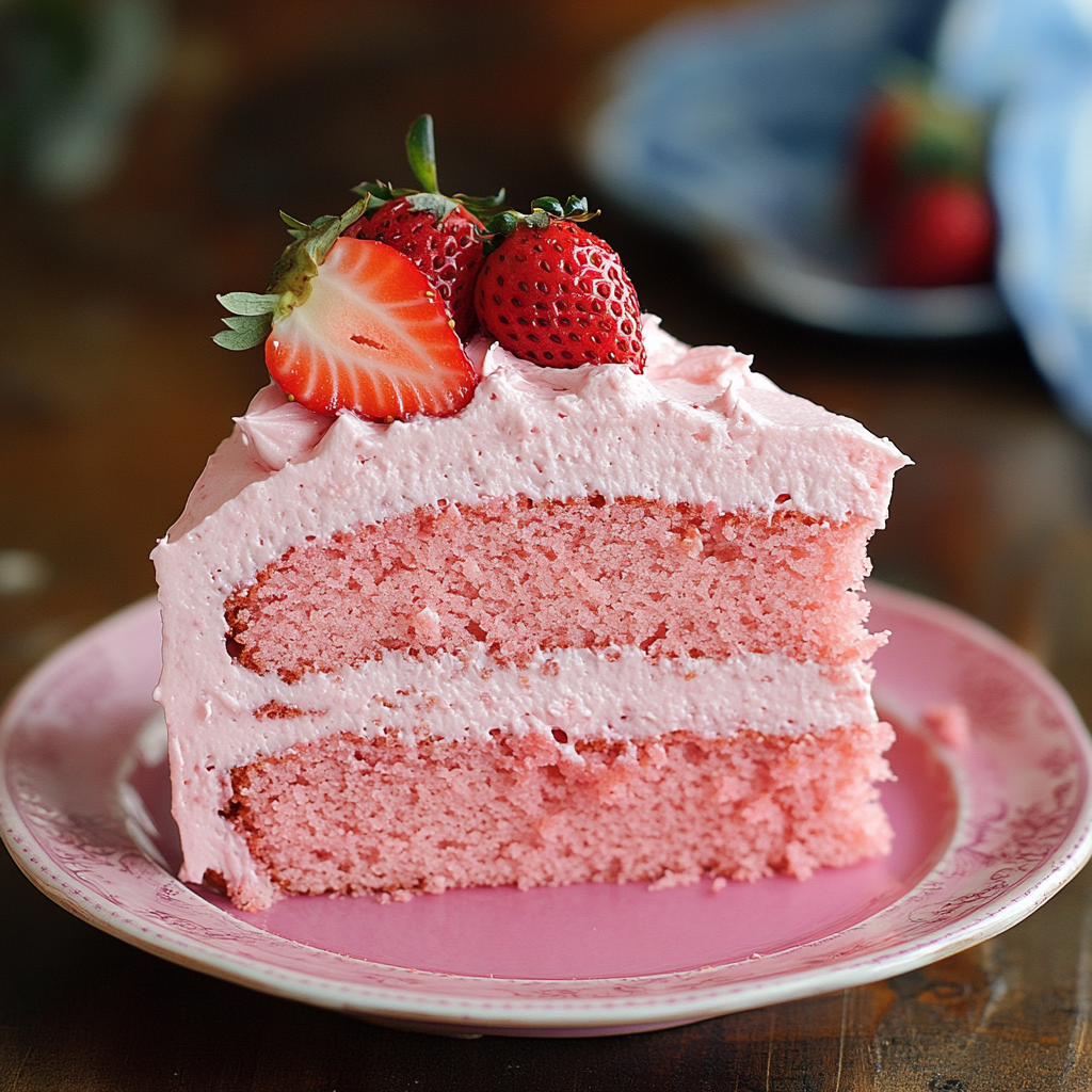 a slice of homemade strawberry cake with pink frosting