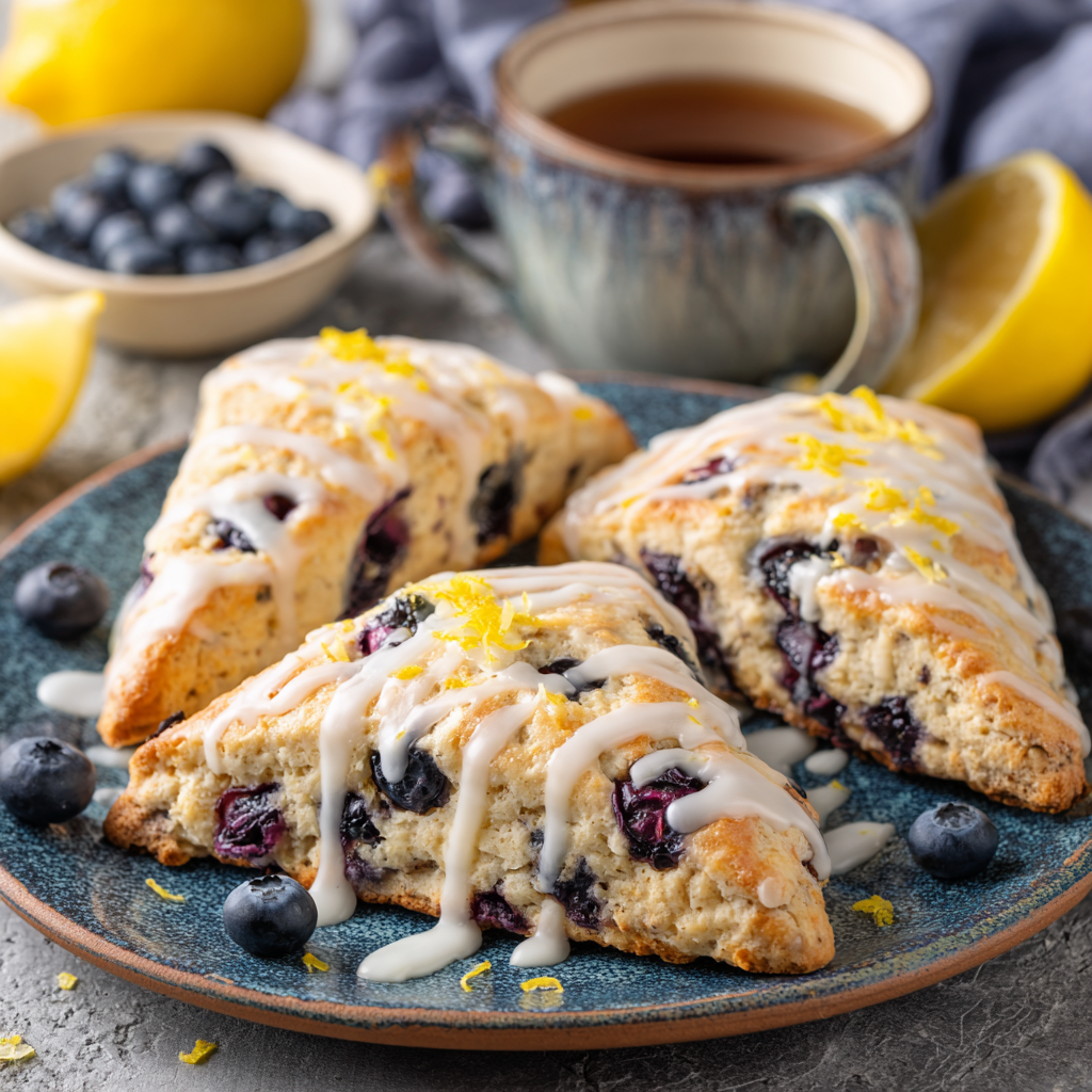 a plate of homemade blueberry lemon scones with icing
