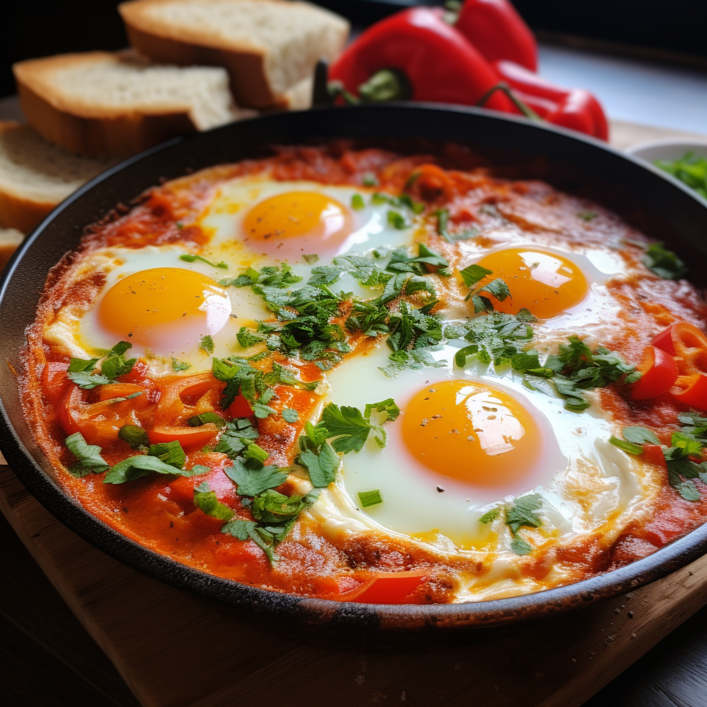Mediterranean shakshuka with eggs and crusty bread, ready to serve for breakfast or brunch