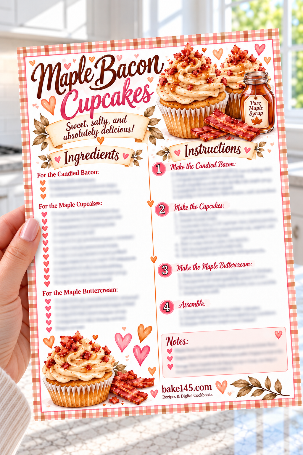 maple bacon cupcake recipe card in my hand.png