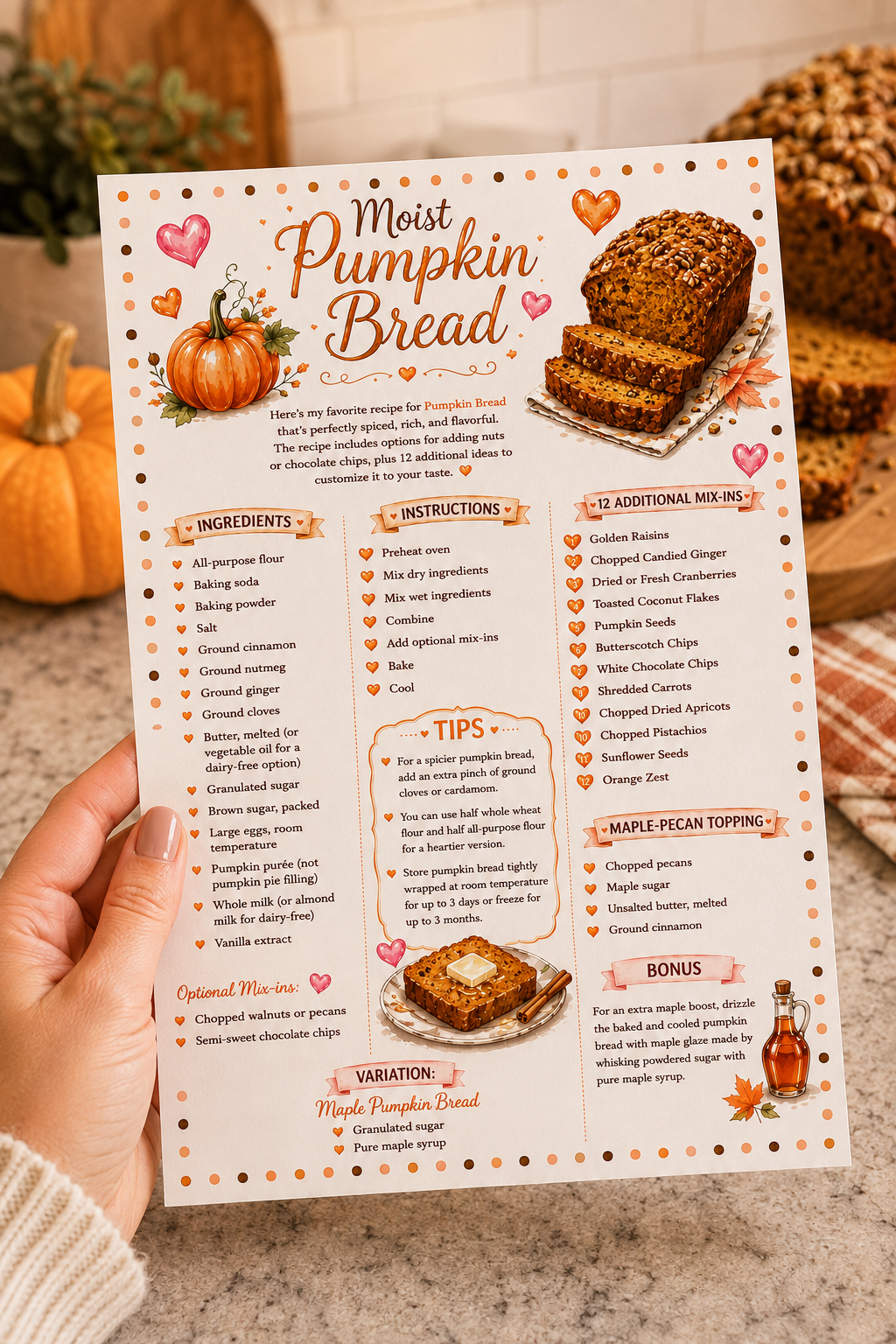 a photo of me holding the pumpkin bread recipe