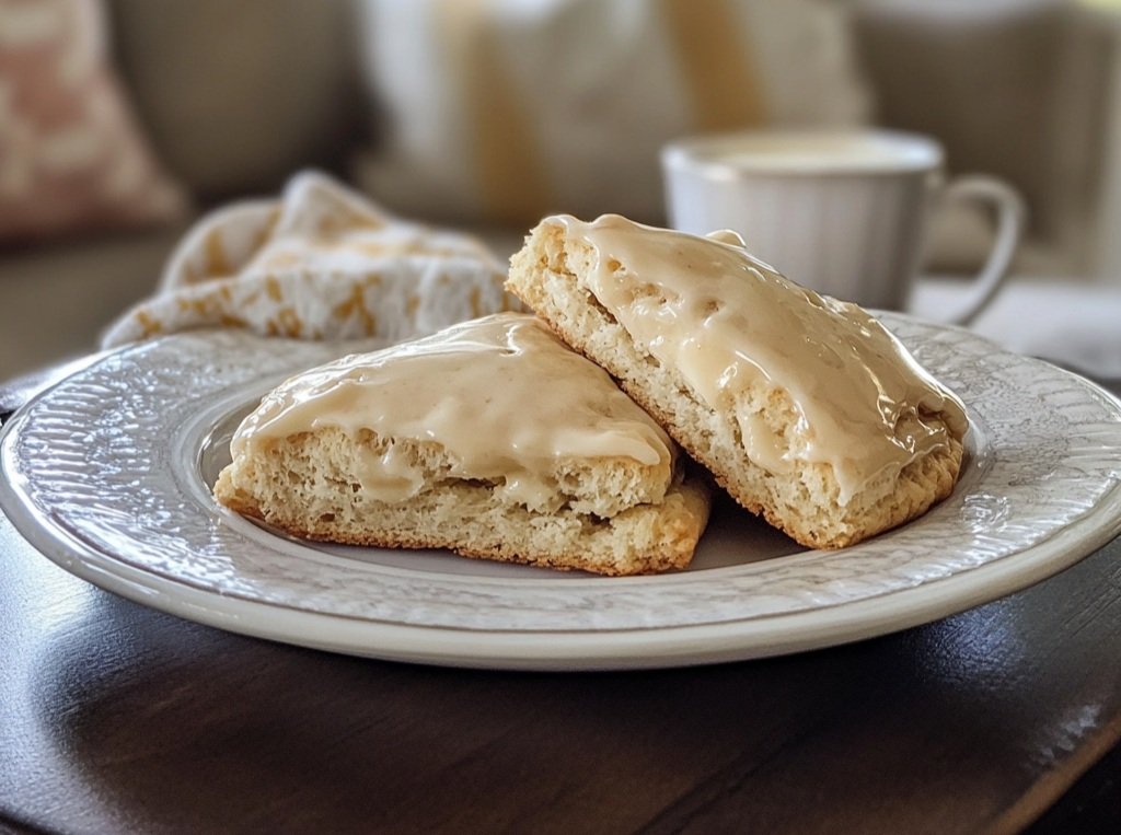 fresh baked maple scones on a plate with a cup of hot tea on the side