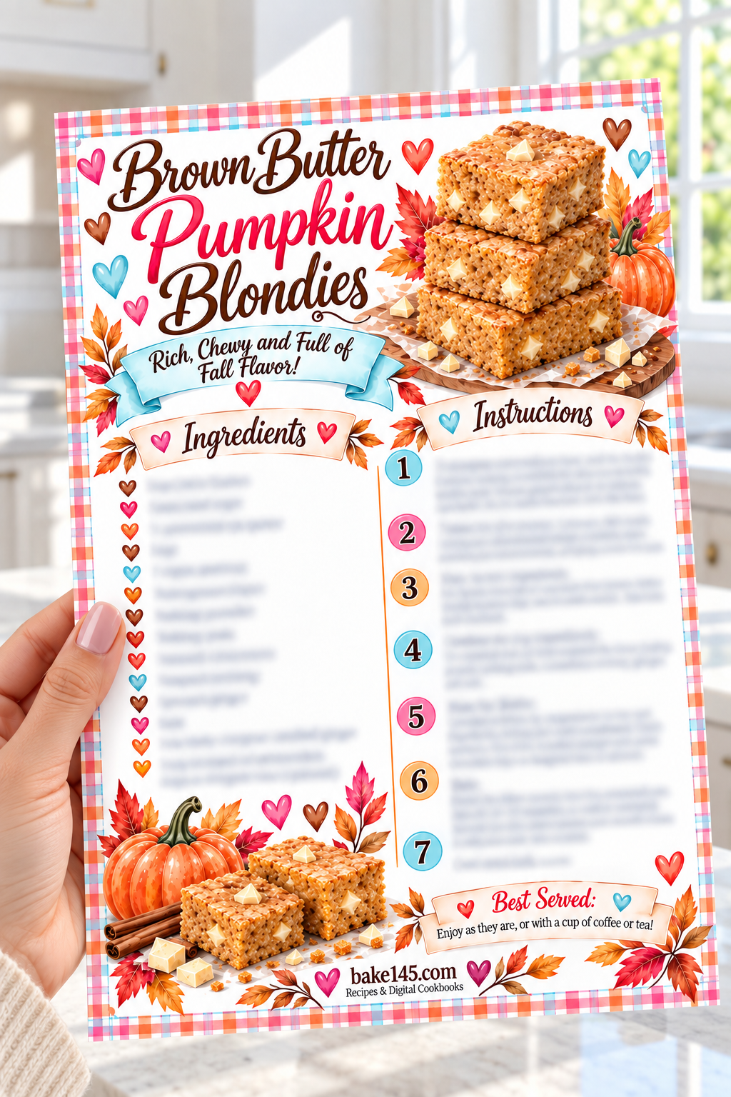 brown butter pumpkin blondies recipe card in my hand.png