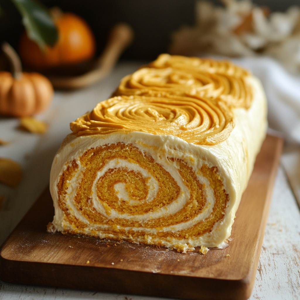 Rolled pumpkin cake with ginger buttercream frosting on a wooden board