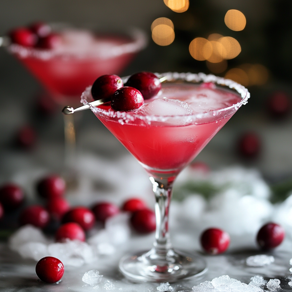 A top-down view of the cocktail and mocktail side by side, surrounded by fresh cranberries and holiday decor.