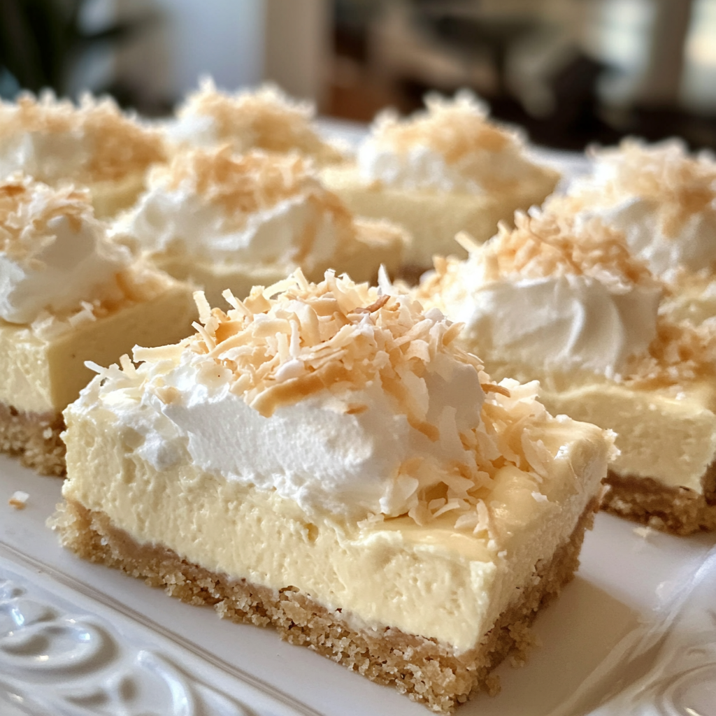 close up of toasted coconut cream bars on a plate