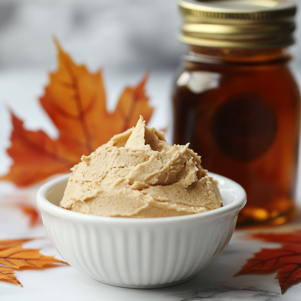 a bowl of maple cream surrounded by colorful autumn leaves and a glass jar of real maple syrup