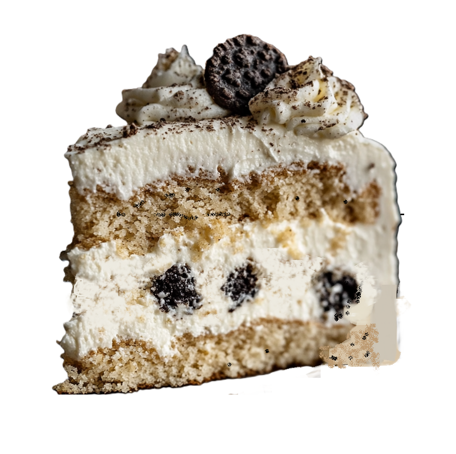 close up of a slice of homemade cookies and cream cake with thick oreo filling