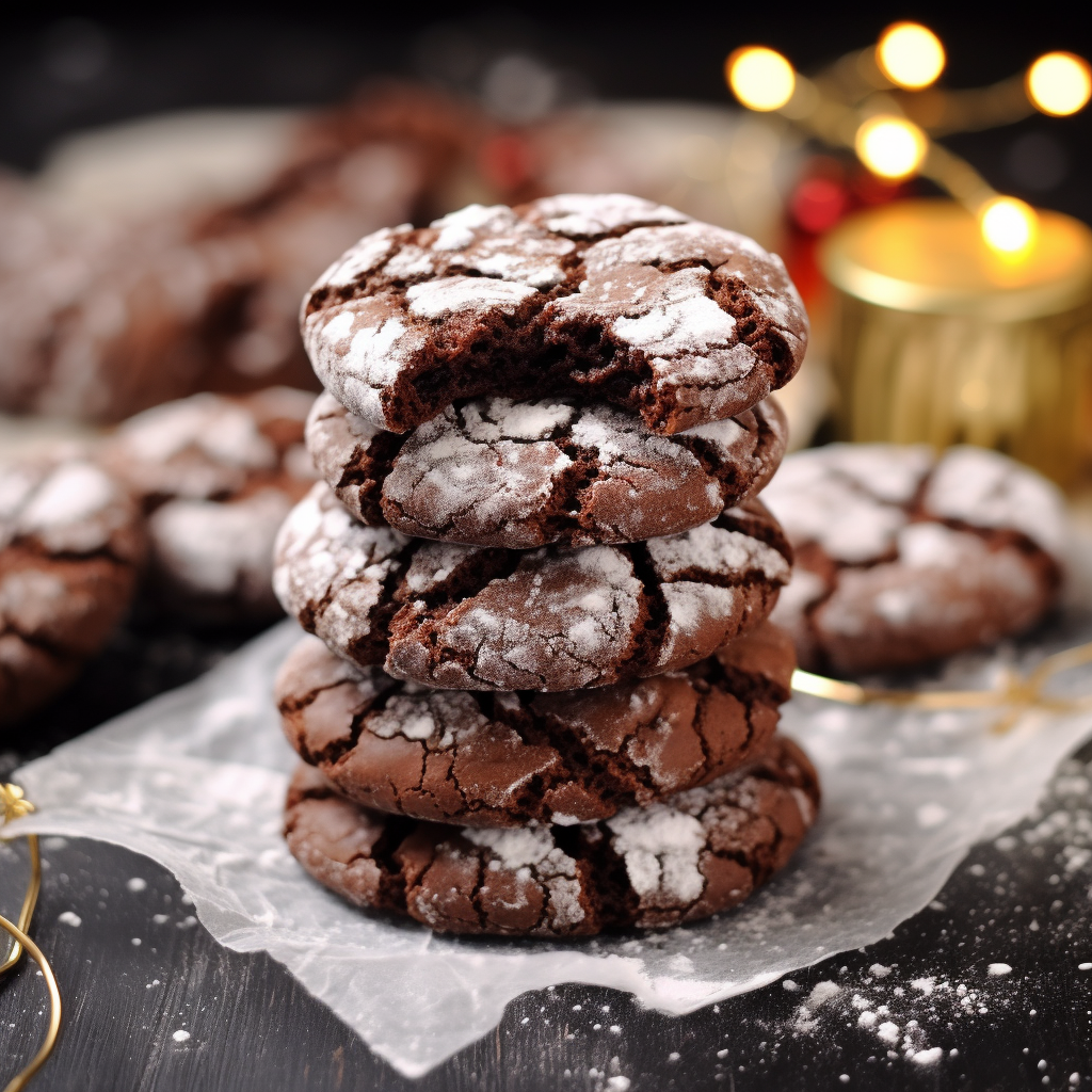 Close-up of chewy chocolate crinkle cookies dusted with powdered sugar.