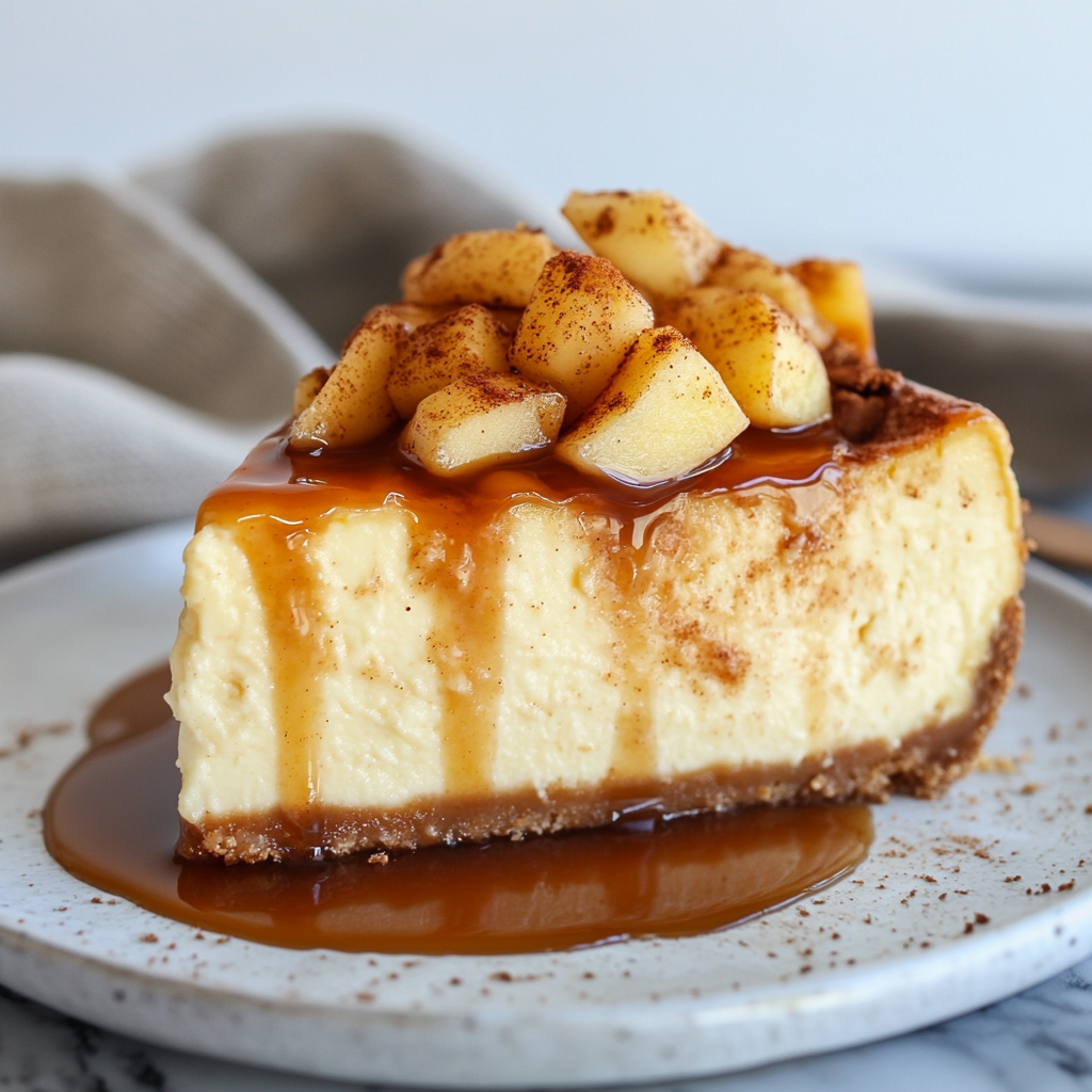 a slice of dense cheesecake with caramel apple topping