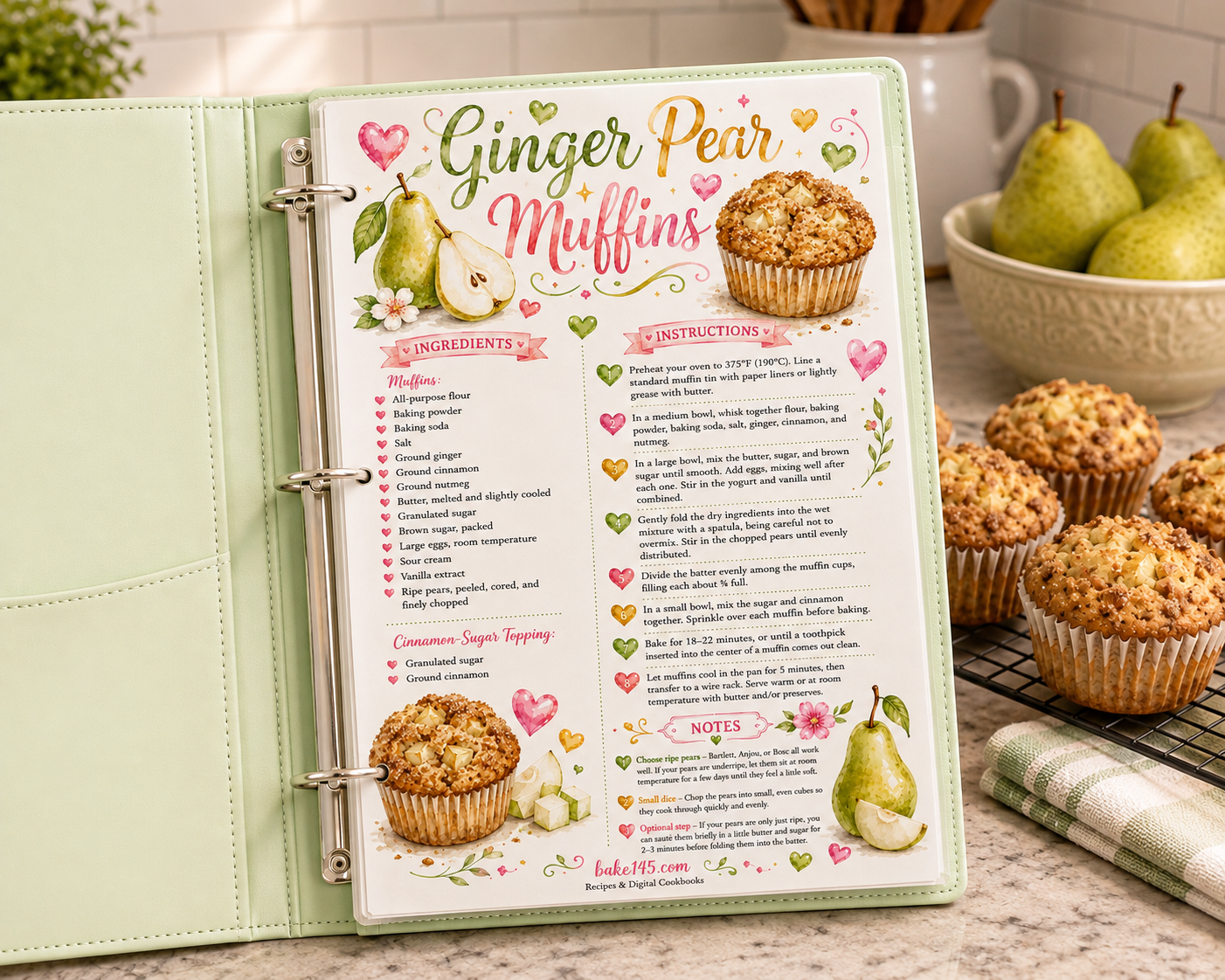 Ginger Pear Muffins Recipe Card | Printable Art Recipe - PDF Digital Download