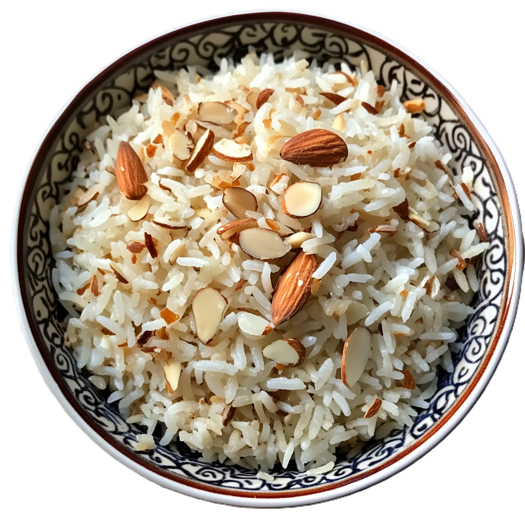a bowl of homemade rice pilaf with almonds and parsley garnish