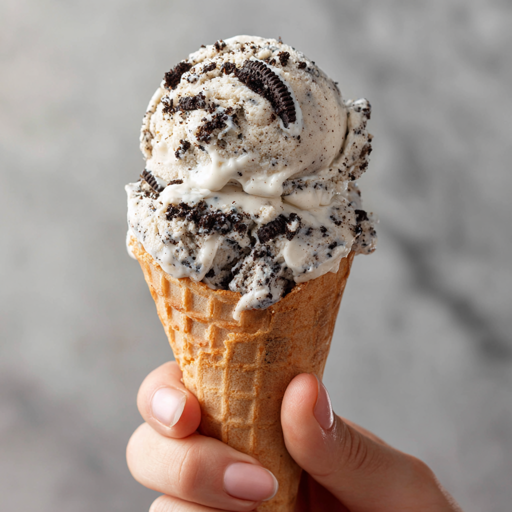 a scoop of no churn oreo ice cream in a cone