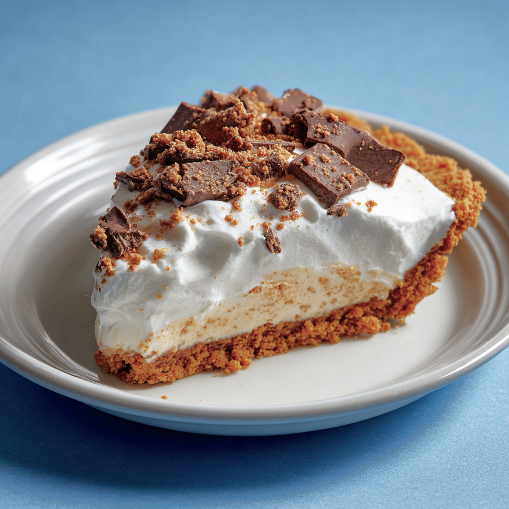 a piece of no bake peanut butter icebox pie on a white plate