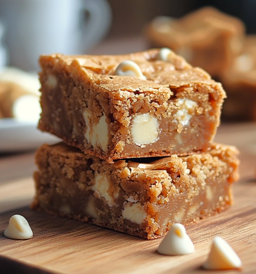 Close-up of a cookie butter blondie bar with gooey caramel and white chocolate chips