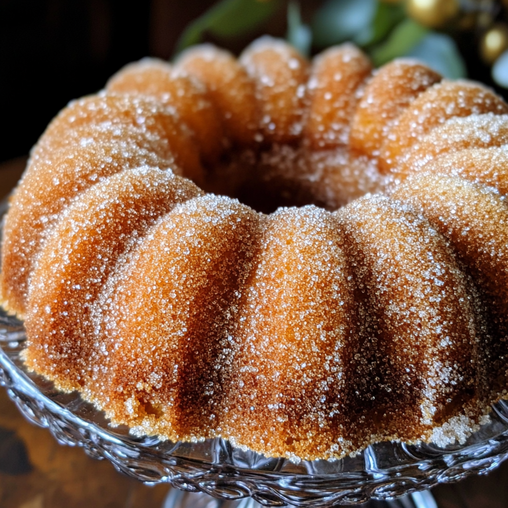 Close-up of moist apple cider donut cake slice showing soft crumb and cinnamon sugar topping