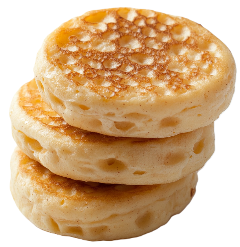 Stack of golden sourdough crumpets on a white plate