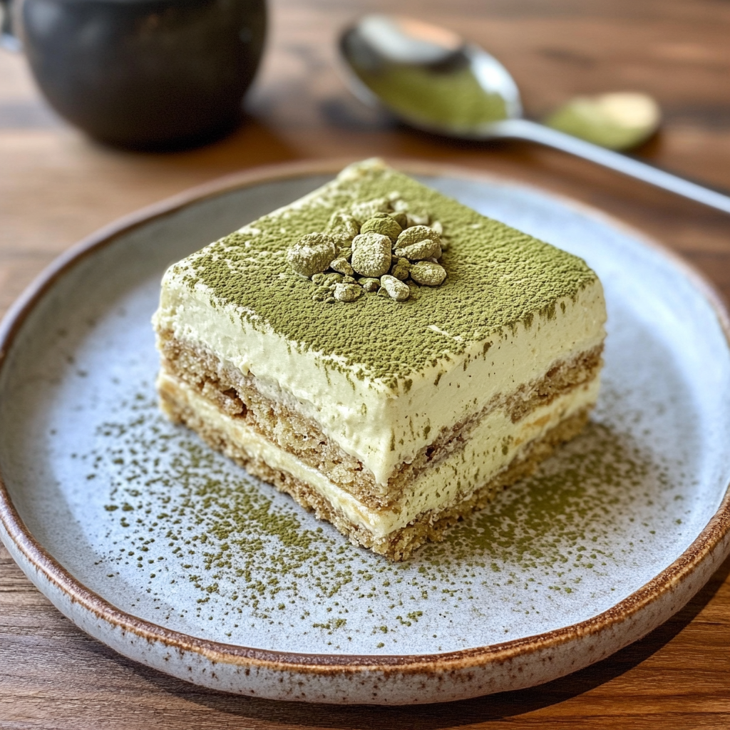 a slice of matcha tiramisu dessert