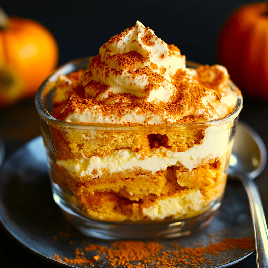 Pumpkin spice tiramisu in glass dish topped with cocoa and cinnamon sticks