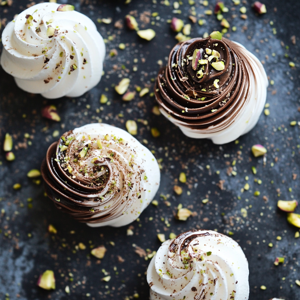 Meringue cookies with dark chocolate swirls and pistachios