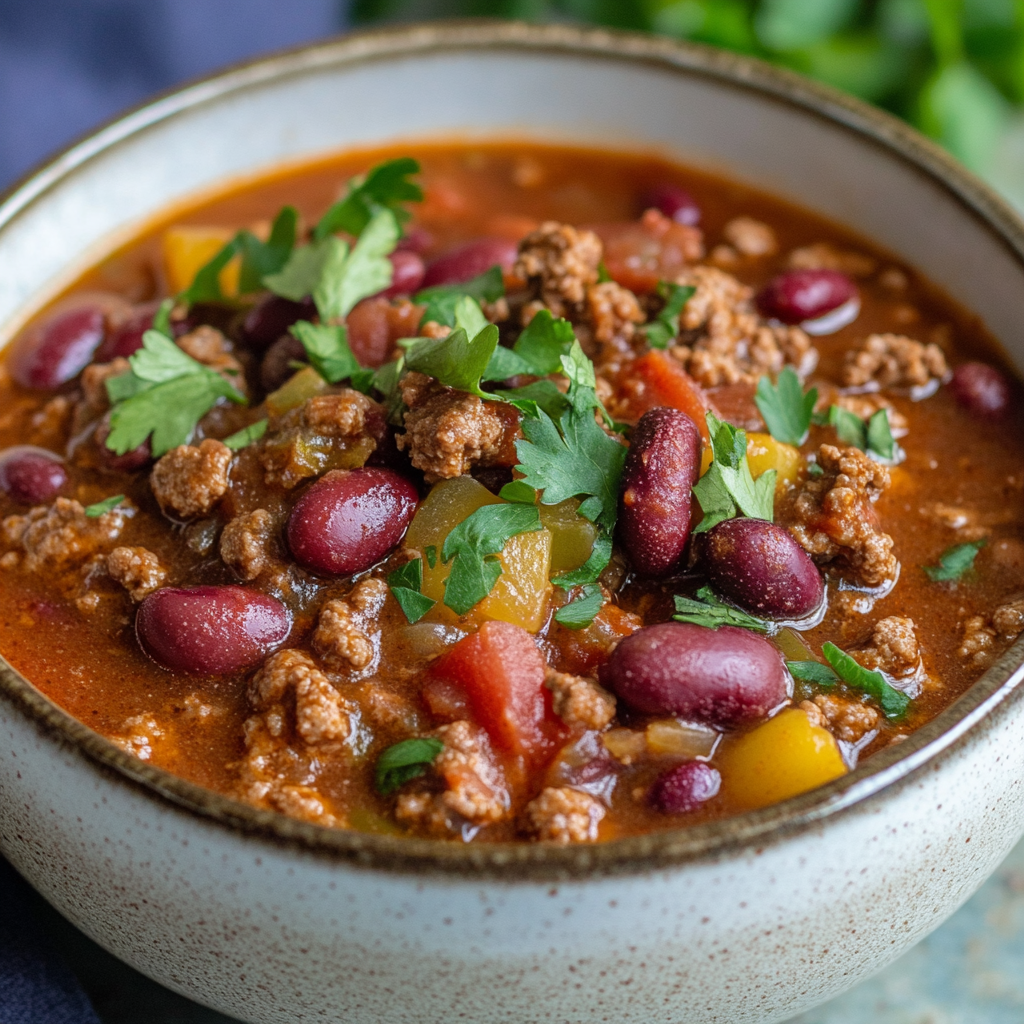close up of rich pumpkin chili garnished with sour cream and fresh herbs for a cozy fall dinner.