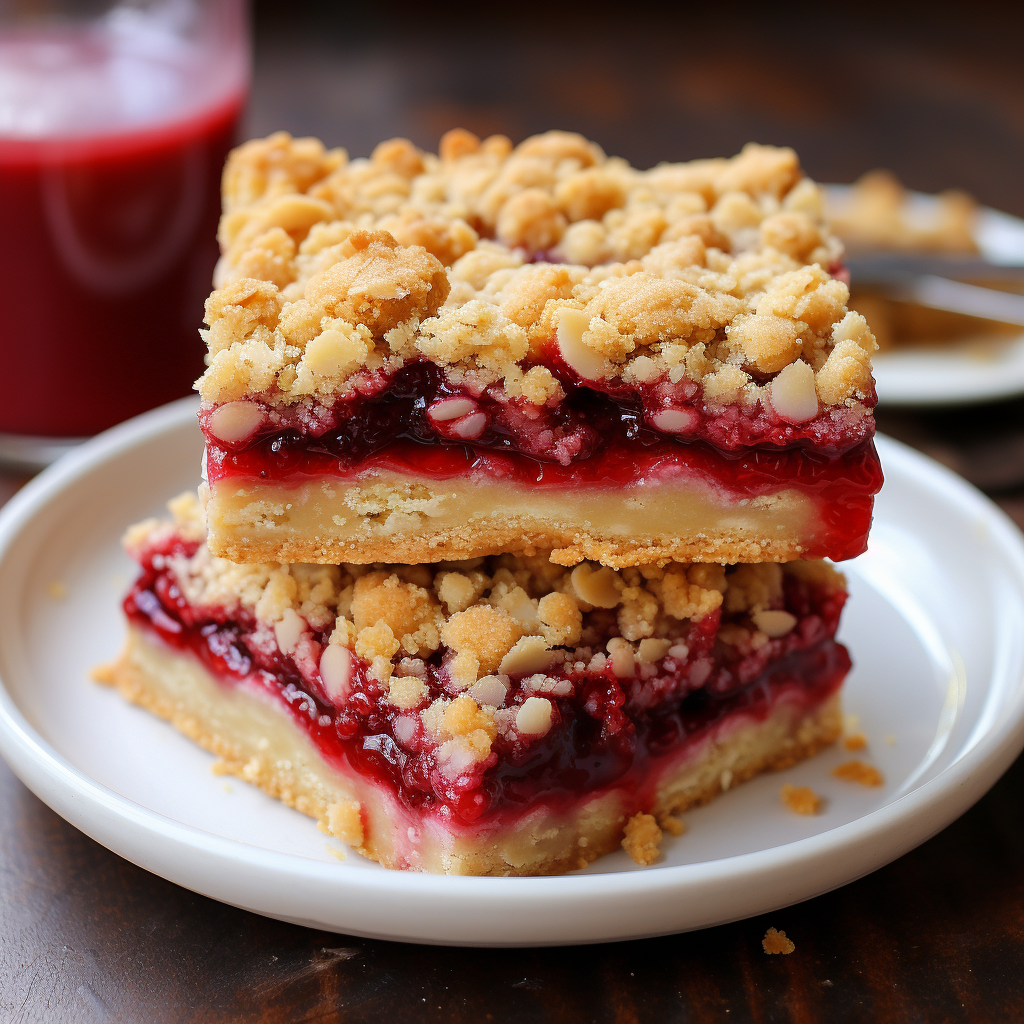 Stack of raspberry bar cookies on a white plate with fresh raspberries