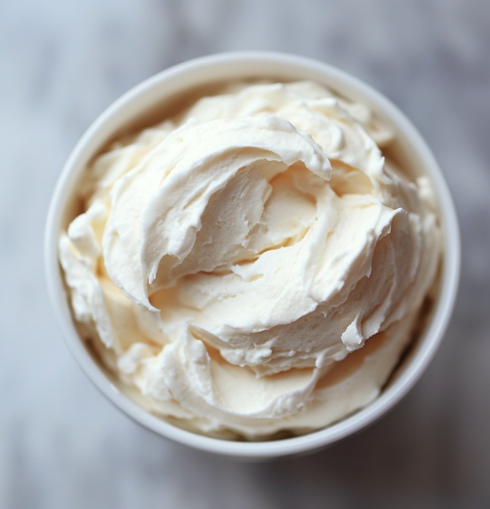 a bowl of swiss meringue buttercream frosting ready to frost cookies and cakes