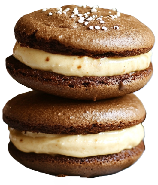 a close up of two cappuccino whoopie pies with thick coffee buttercream filling inside