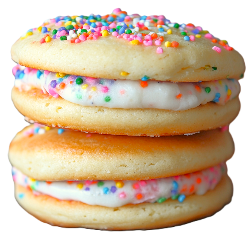 close up of rainbow sprinkle whoopie pies with white cream filling