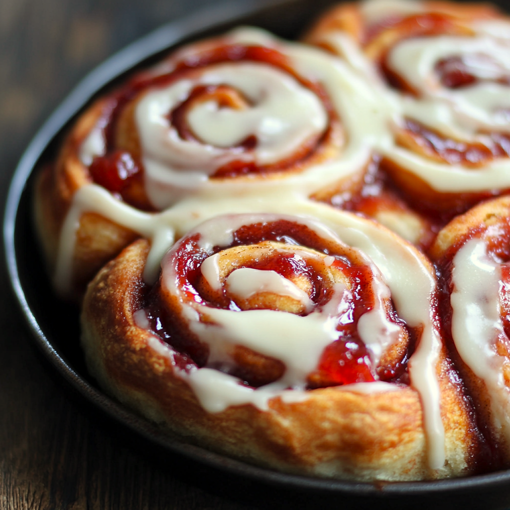 Strawberry cinnamon rolls baked golden — swirled with strawberry filling and topped with glaze.
