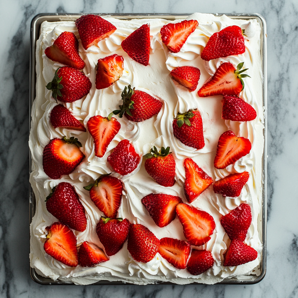 view of the strawberry tres leches cake from above topped with whipped cream and fresh fruit