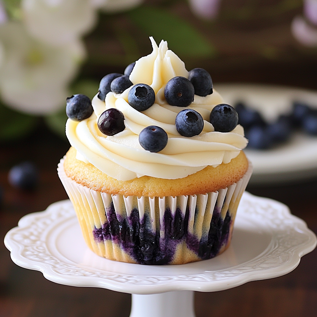 blueberry lemon cupcakes on a tray, the tops have fresh blueberries
