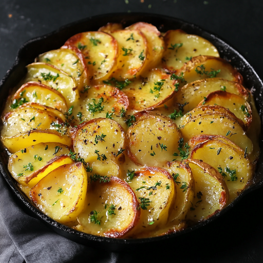 Golden, brown Potatoes Anna stacked in spiral layers, fresh out of the oven with a crispy top.