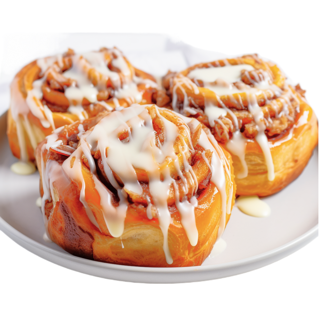 three apple cinnamon rolls on a white plate, they are covered in a maple icing