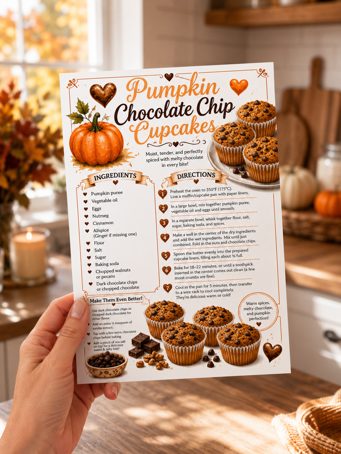 pumpkin chocolate chip cupcake recipe in my hand