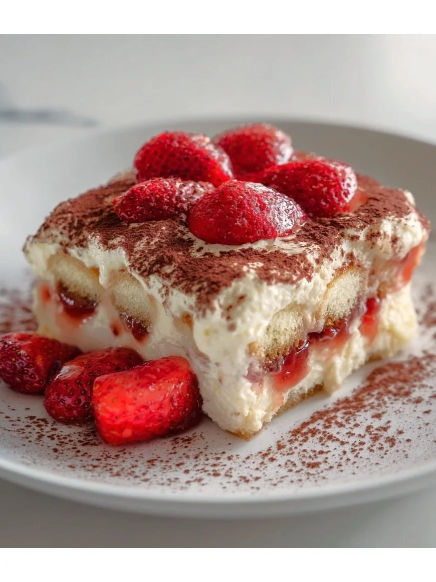 strawberry tiramisu with mascarpone cream topped with fresh strawberries.