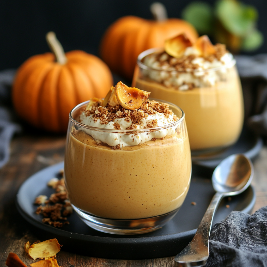 A cozy autumn dessert table with pumpkin mousse, cinnamon sticks, and festive fall decor.