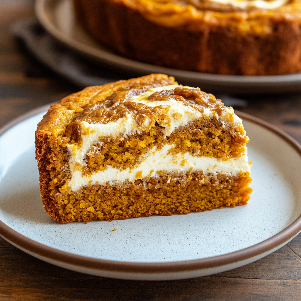 Moist pumpkin coffee cake with cream cheese swirl sliced on a plate