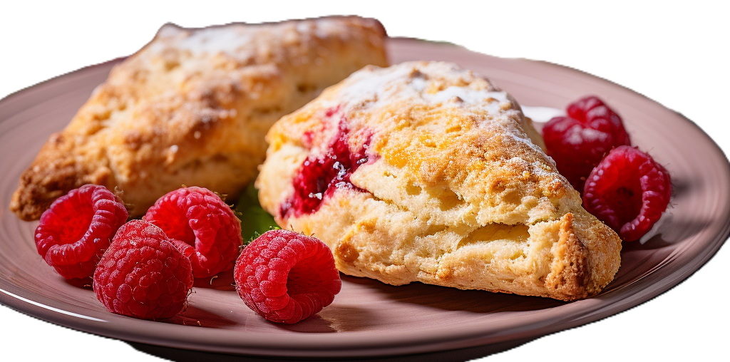 a plate of freshly baked scones with raspberries and clotted cream