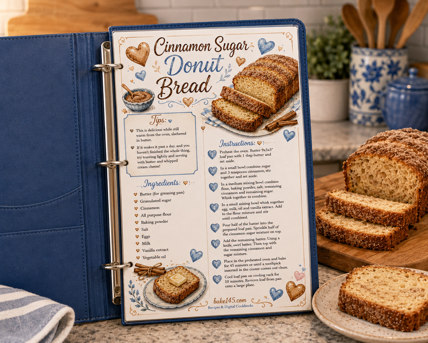 a picture of the cinnamon sugar donut bread recipe card in blue recipe binder