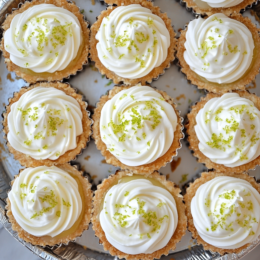 Overhead shot of key lime tarts on a dessert plate, highlighting creamy texture and crisp shell.