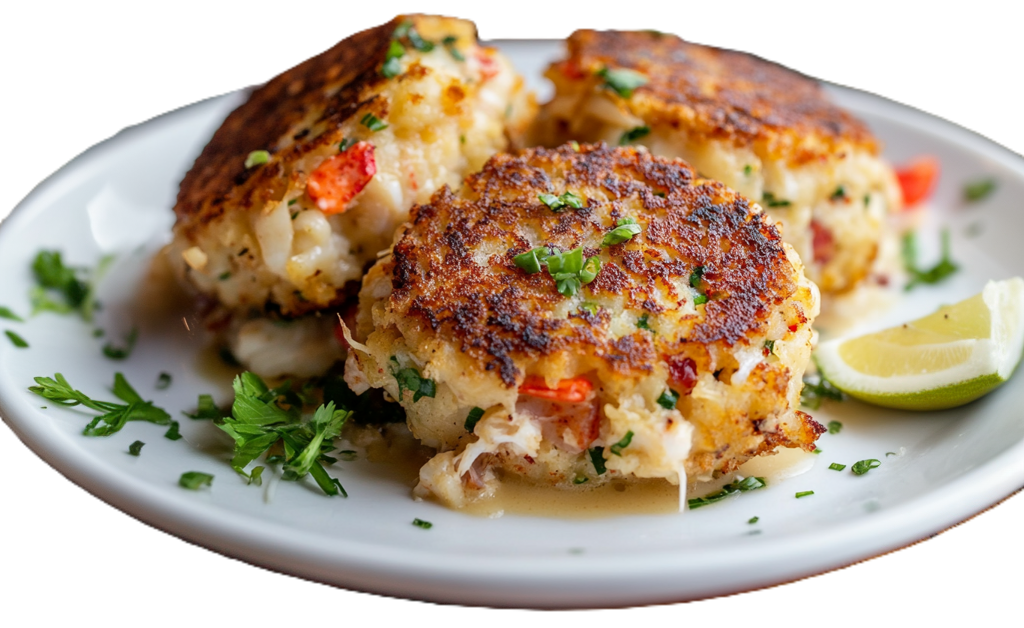 Close-up shot of a split lobster cake showing the tender, moist inside with chunks of lobster.